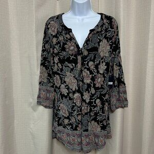 Lucky Brand 3/4 Sleeve V-Neck Boho Tunic Top Women's Size 1X Black Floral Border